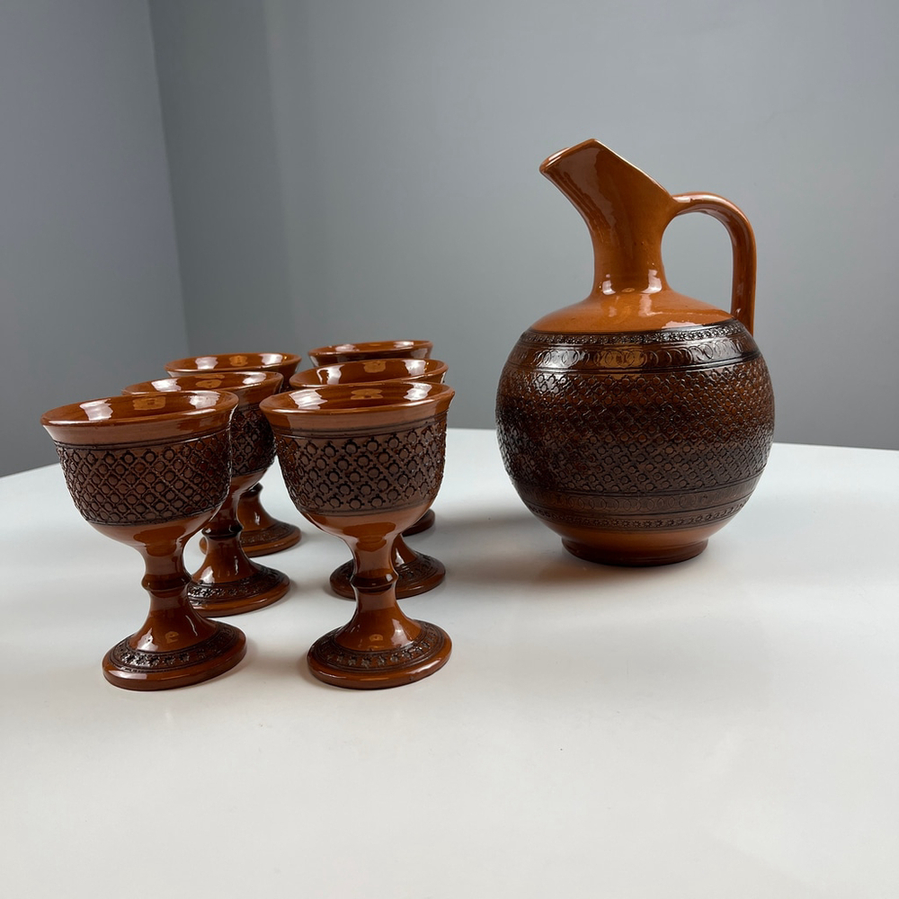 Vintage Savvas Cyprus pottery wine decanter pitcher, 6 glasses terracotta brown